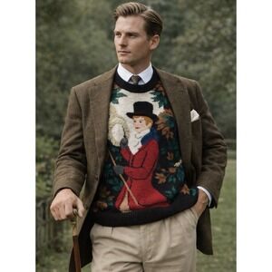 Vintage CHAUS Equestrian Fox Hunting Intarsia Sweater Preppy Old Money Knit